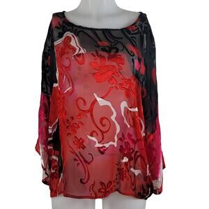 Chico's Semi Sheer Silk Blend Floral Leaf Black Red Pink Blouse Top 2/M